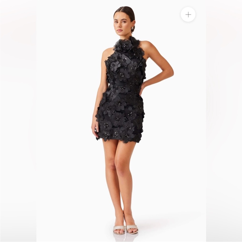 elliatt cherry blossom black 3d floral mesh halter mini dress size XL NEW